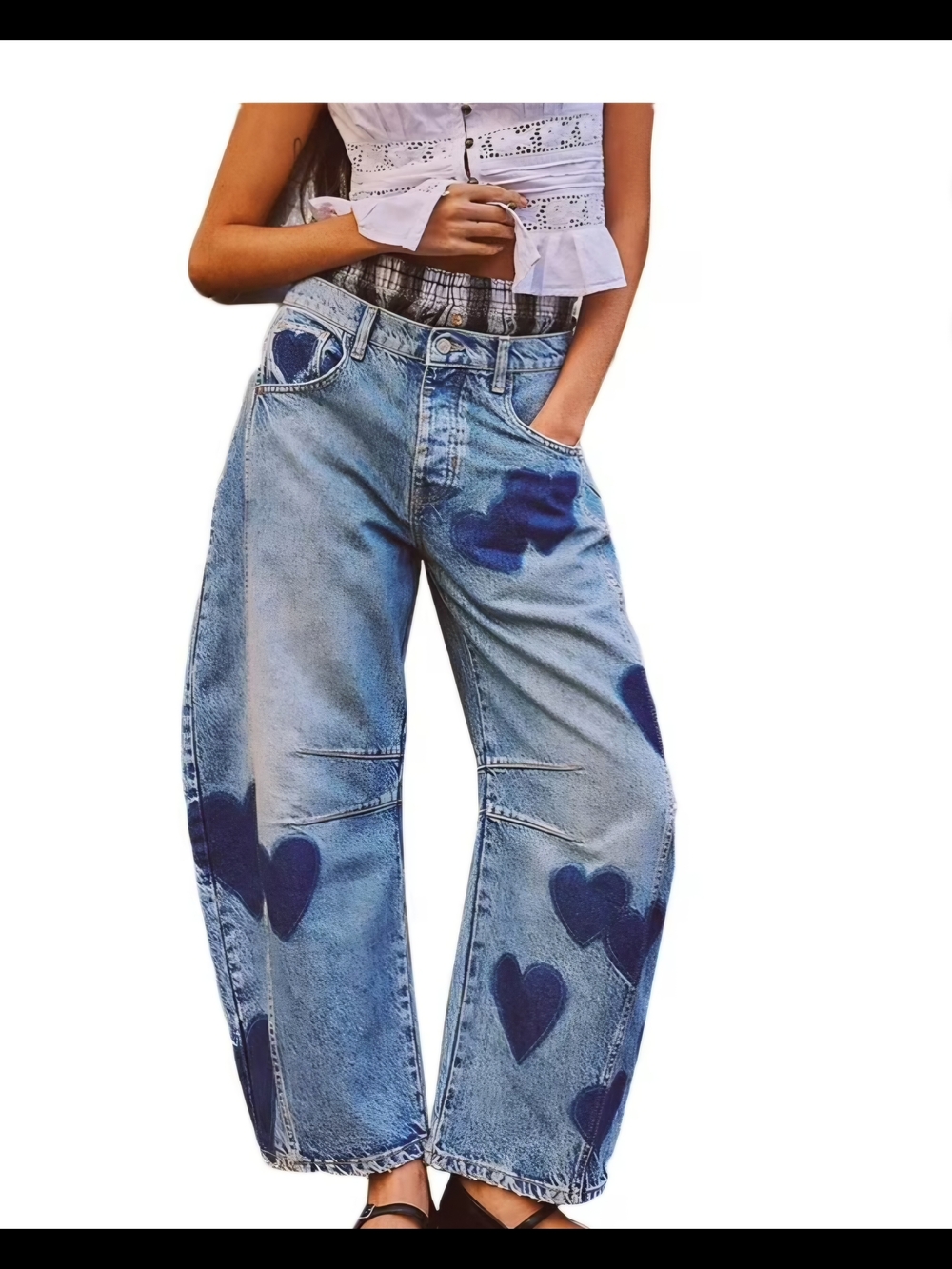 Women's Light Blue Cotton Denim Barrel-Leg Jeans with Navy Heart Print